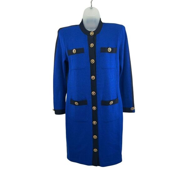 St.John Marie Gray Santana Knit Dress Colorblock Blue Black Button Down Size 2 * - Picture 1 of 16